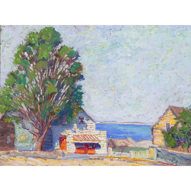 Enchanting sunny cottage at Gloucester Harbor. Oil on board. Circa 1930's. In the original carved and gilt frame probably...
