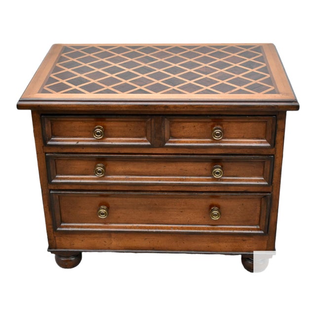 Wood Accent Chest Nightstand French Louis XIII Style Small 3 Drawer Parquet Top For Sale