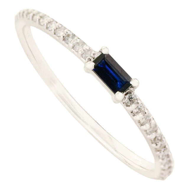 14k Gold Natural Baguette Blue Sapphire Diamond Stacking Thin Band Ring Size 6.5 For Sale