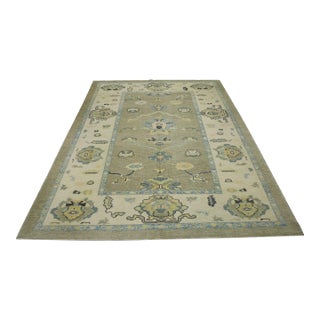Early 21st Century Green Floral Design Handwoven Wool Turkish Oushak Rug 6'5" X 8'6" For Sale