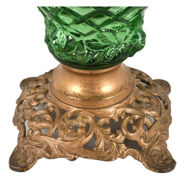 Green Art Glass Converted Oil Lamp With Embossed Floral Pattern and Metal Base For Sale - Image 4 of 4