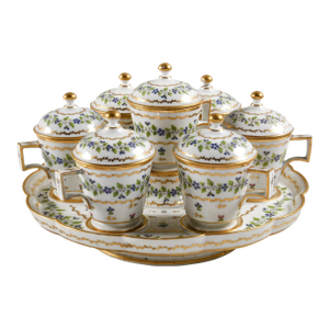 18th-Century French André-Marie Pot De Crème Set, Hand-Painted Paris Porcelain With Gilt & Floral Sprigs, Complete With Tray