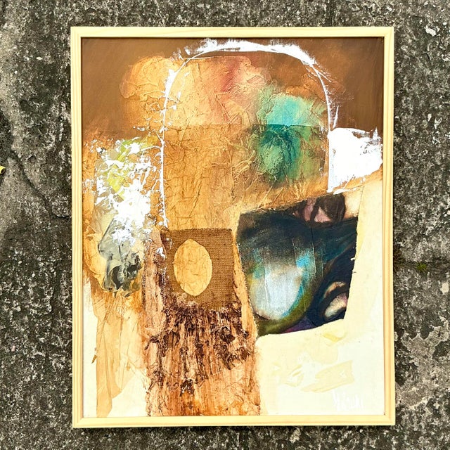 Vintage Boho Original Mixed Media Painting on Canvas For Sale In West Palm - Image 6 of 6