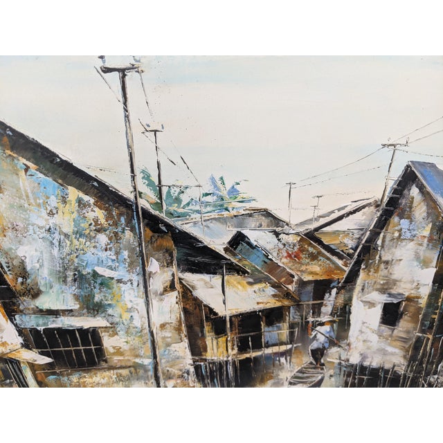 Mid 20th Century Attributed to Trần Quang Hiếu, Signed Vietnamese Stilt Village Oil Painting For Sale In New York - Image 6 of 18