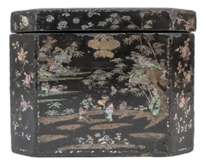 Antique Black Lacquer Mother of Pearl Inlay Hat Box