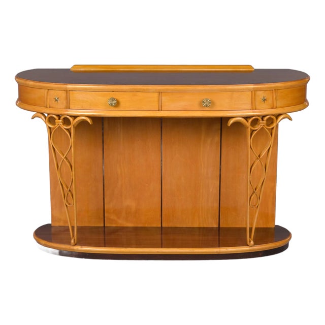 Mid Century Italian Blond and Rosewood Console With Carved Detail For Sale