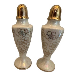 Vintage Homer Laughlin Iridescent Salt & Pepper Shakers Floral Nautilus Lusterware For Sale