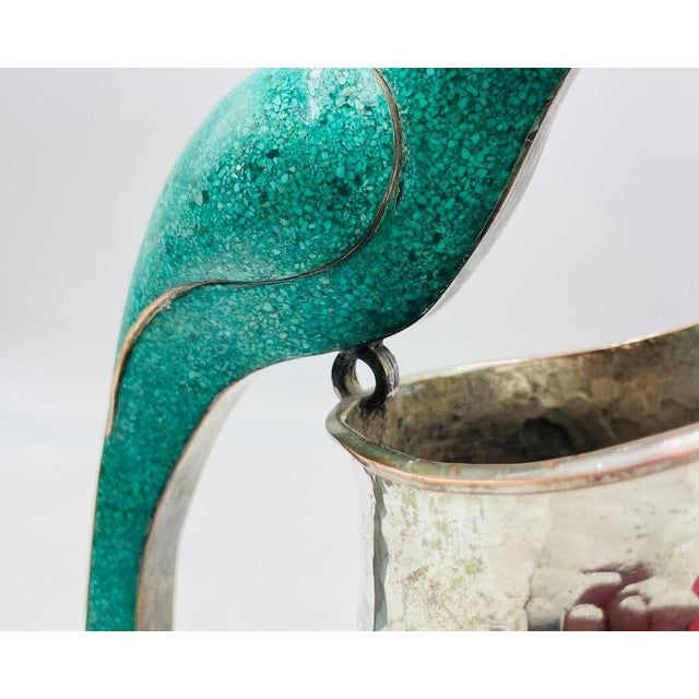 1960s Alfredo Villasana Taxco Turquoise Parrot Silver Plate Pitcher, Mexican Silver For Sale - Image 13 of 16