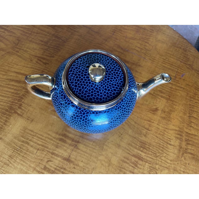 Mid-Century Modern 1960s Farmhouse Gibson Stoneware Blue Geometrics & Gold Trim Loex Teapot For Sale - Image 3 of 8