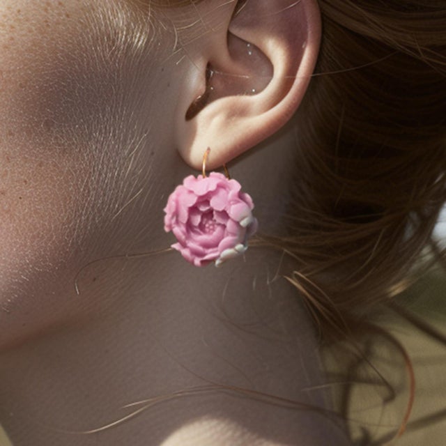 Metal Agate Peony Large Earrings 14k Gold Hook, A Pair For Sale - Image 7 of 9