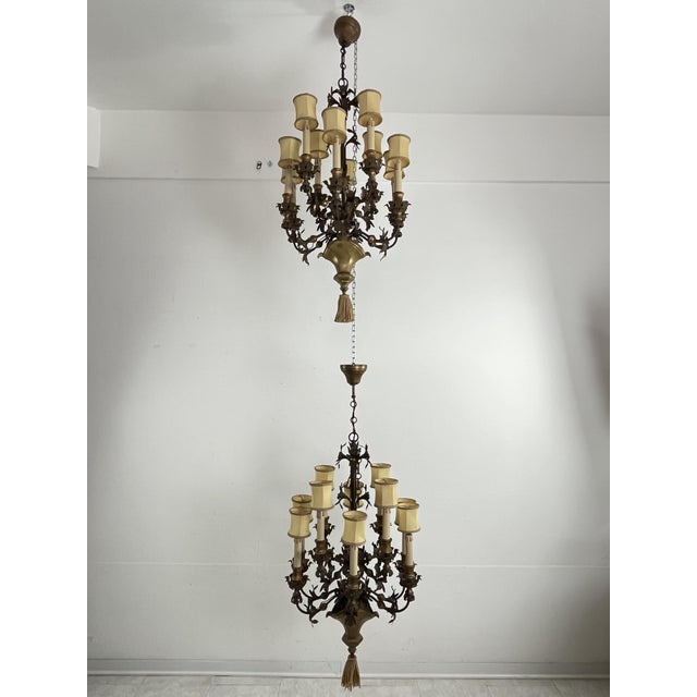 French 10-Light Chandeliers in Wrought Iron and Brass, 1980s, Set of 2 For Sale - Image 11 of 11