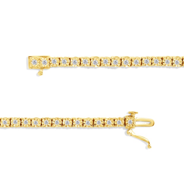 Contemporary 10K Yellow Gold Plated .925 Sterling Silver 1.0 Cttw Miracle-Set Diamond Round Faceted Bezel Tennis Bracelet (I-J Color, I3 Clarity) - 7" For Sale - Image 3 of 7