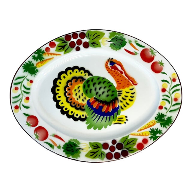 1980s Vintage Americana Boho Chic Thanksgiving Colorful Enamel Tole Turkey Platter. For Sale