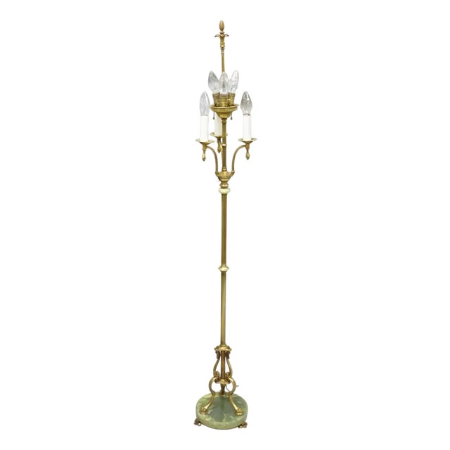 Antique Art Deco Brass & Green Onyx Paw Foot Victorian Pole Floor Lamp For Sale
