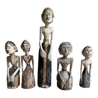 Mid 20th Century Balinese Hand-Carved Wood Figures – Sculptural Primitive Collection, Set of 5 For Sale