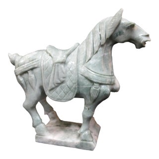 Chinese Tang Style Horse Carved Green Soapstone Figurine Sculpture For Sale