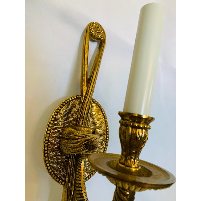 Traditional Gilt Brass Tole Rope & Tassel Wall Sconce Salvaged From Foundry Showroom For Sale - Image 3 of 12