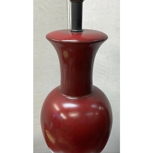Chinese Export Oxblood Red Phoenix Tail Form Vase Porcelain Table Lamps - Pair For Sale In Atlanta - Image 6 of 7