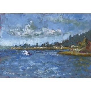 Lowman Beach Dingy by Delton Demarest | Oil Painting of a beach scene with water and clouds For Sale