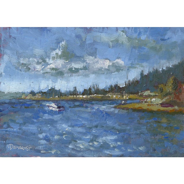Lowman Beach Dingy by Delton Demarest | Oil Painting of a beach scene with water and clouds For Sale