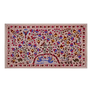 Handcrafted Uzbek Suzani Wall Tapestry – Folk Art Bird & Tree Design Decor 3'5'' X 6'1'' For Sale