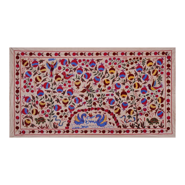 Handcrafted Uzbek Suzani Wall Tapestry – Folk Art Bird & Tree Design Decor 3'5'' X 6'1'' For Sale