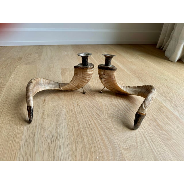 Vintage Organic Modern Ram’s Horn Candlesticks With Silvered Brass Mounts – Pair For Sale - Image 10 of 12