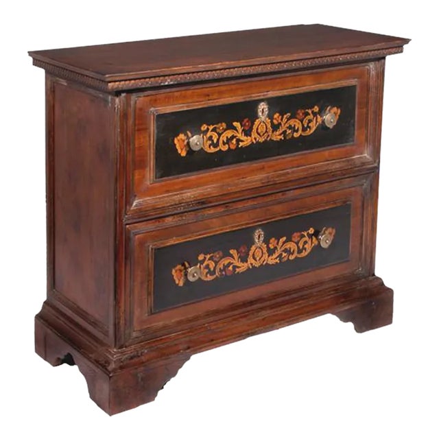 1990s Italian Carved Two Drawer Walnut Chest With Inlaid Floral Motif on an Ebony Background For Sale