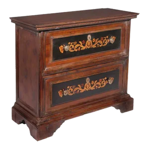 1990s Italian Carved Two Drawer Walnut Chest With Inlaid Floral Motif on an Ebony Background