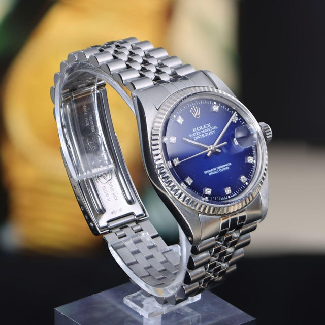 Rolex Datejust 16014 Blue Vignette Diamond Dial 36mm Steel White Gold Watch For Sale - Image 12 of 17