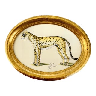 Original Hand-Painted Leopard Painting in a Vintage Italian Frame For Sale