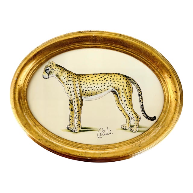 Original Hand-Painted Leopard Painting in a Vintage Italian Frame For Sale