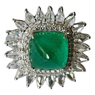5.88 Carats, Natural Zambian Emerald Sugarloaf & Rose Cut Diamonds Cocktail Ring, Size 7 For Sale