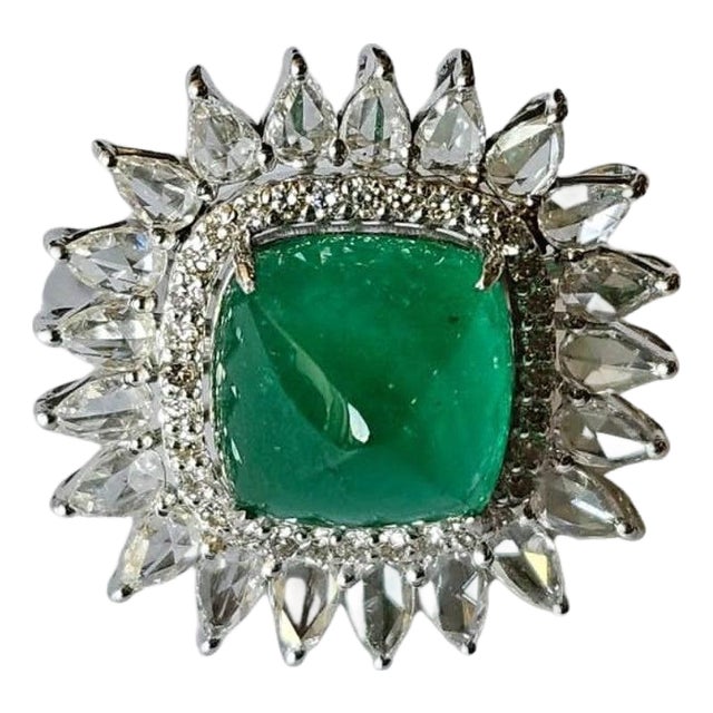 5.88 Carats, Natural Zambian Emerald Sugarloaf & Rose Cut Diamonds Cocktail Ring, Size 7 For Sale
