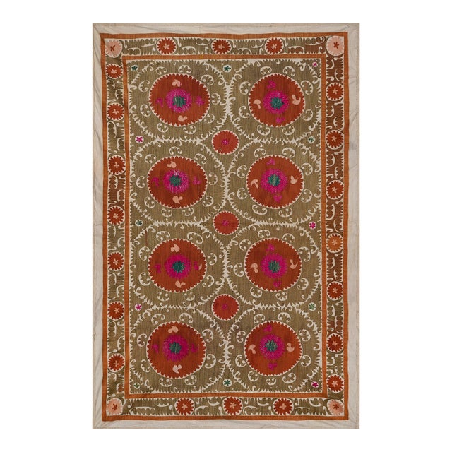 Decorative Suzani Embroidery | Olive Green Living Room Wall Hanging 6'11'' X 10'3'' For Sale