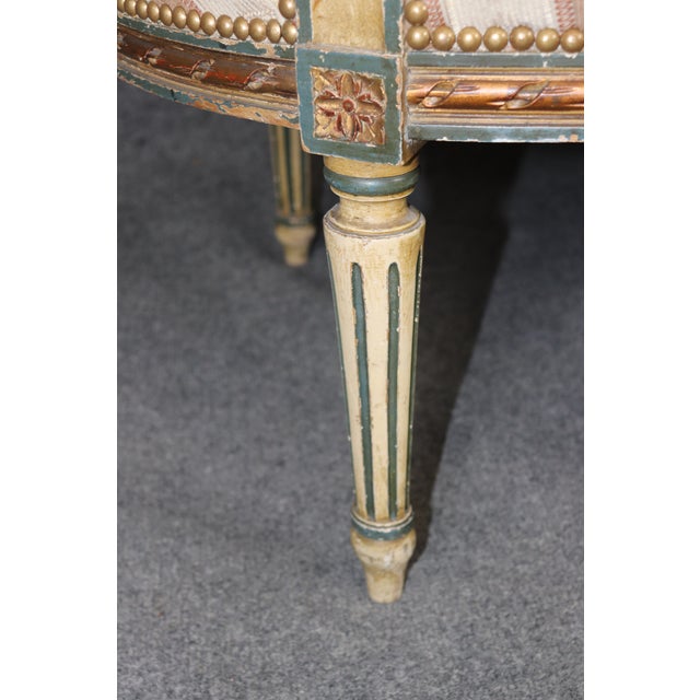 Antique French Louis XVI Style Paint Decorated & Gilt Carved Settee For Sale - Image 10 of 13