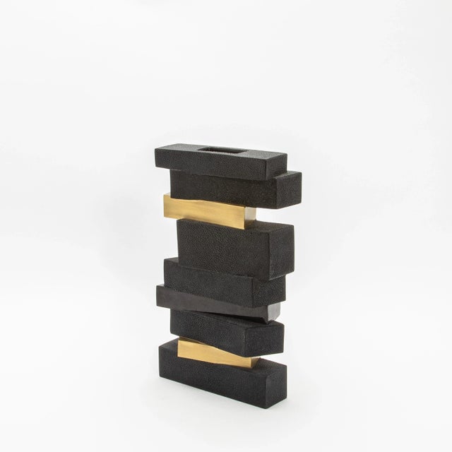 Modern Modern Vase in Black Shagreen With Shell and Brass Details by Kifu Paris For Sale - Image 3 of 6