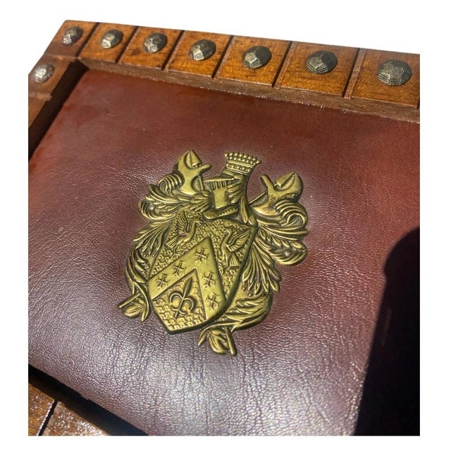 Animal Skin 1990s Vintage Wooden Jewelry Box Medieval Crest Brass Emblem Studded Leather Top For Sale - Image 7 of 9