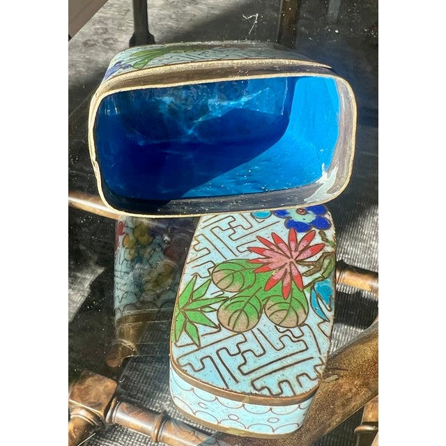 Metal Vintage Chinese Turquoise Cloisonné Floral Covered Box For Sale - Image 7 of 7