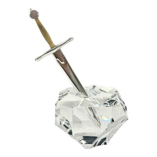 1960s Iconic Steuben “Excalibur” Sword in the Stone Crystal Paperweight With Sterling Silver & 18k Gold Sword Letter Opener For Sale