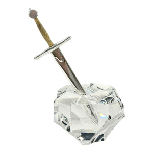 1960s Iconic Steuben “Excalibur” Sword in the Stone Crystal Paperweight With Sterling Silver & 18k Gold Sword Letter Opener