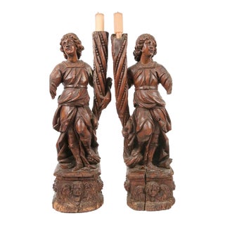 Pair of Italian Renaissance/Baroque Carved Wood Angel Torchère Candelabra, C. 1600 For Sale