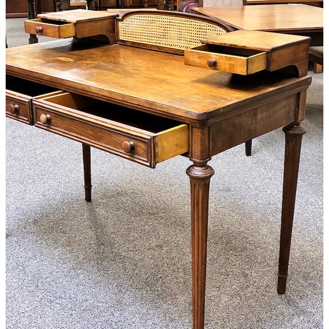 1950s Walnut Writing Desk With Drawers and Wicker Accents With Complimentary Matching Wooden Wicker Chair For Sale - Image 5 of 13