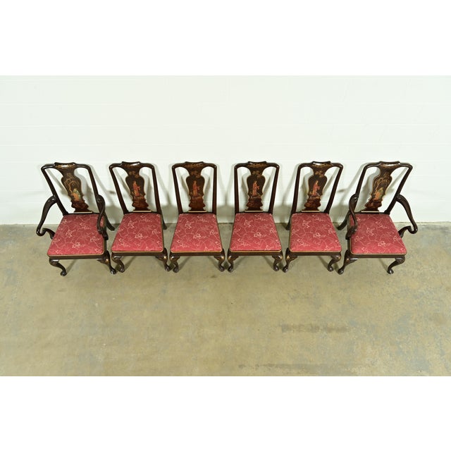 1980s Henredon Chinoiserie Queen Anne Hand Painted Oak and Burl Wood Dining Chairs, Set of Six For Sale - Image 5 of 14