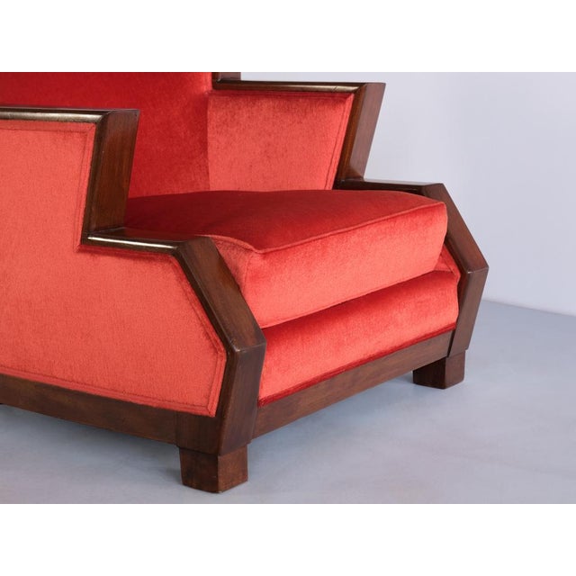 Art Deco Cubist Armchair in Vermilion Mohair Velvet and Maple, Belgium, 1920s For Sale - Image 15 of 17
