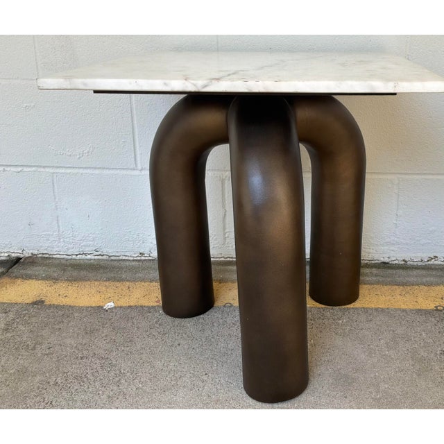 Modern Modern Sculptural White Marble and Bronze Tubular Side Table For Sale - Image 3 of 6