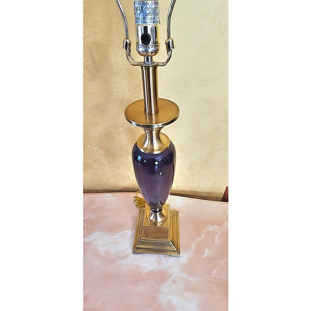 Transitional Style Brass & Deep Purple Ceramic Table Lamp For Sale - Image 4 of 12