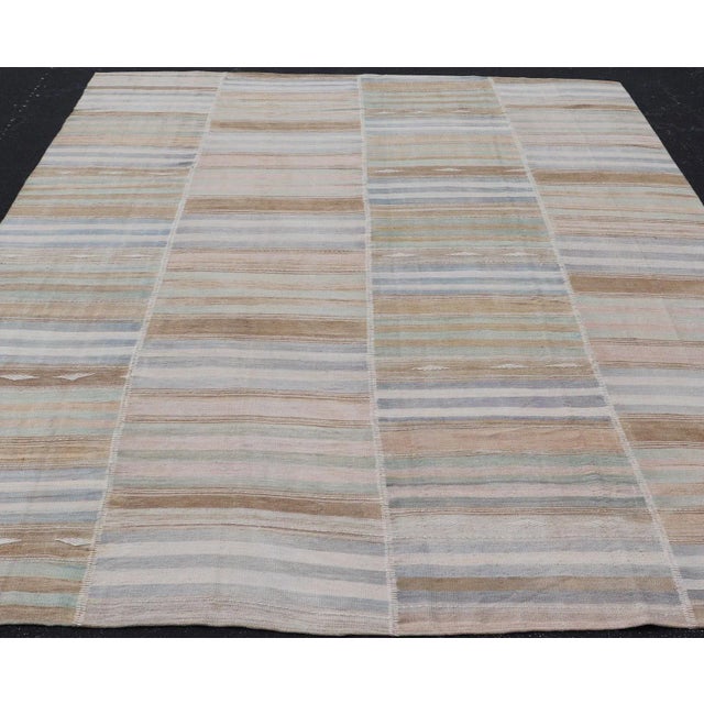 Measures: 9'5"X12'5" Vintage Turkish Kilim Rug With Multicolored Stripes and Subtle Pastel Tones 9'5"x12'5". Keivan Woven...