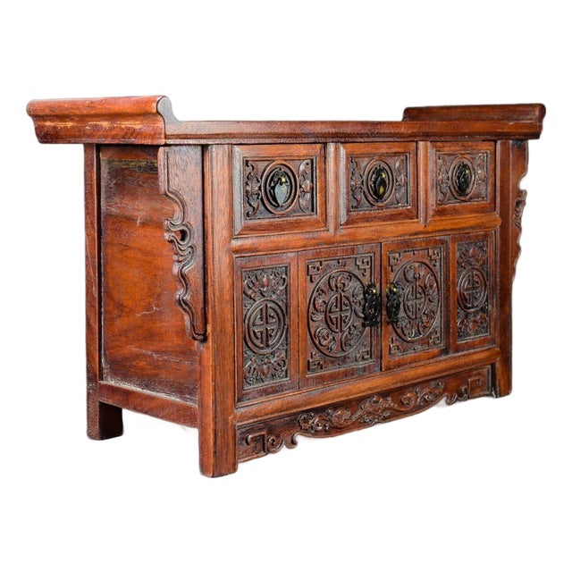 1990s Carved Hardwood Altar Table / Console Cabinet With "Five Blessings" Motifs For Sale
