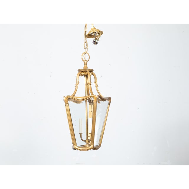 Mid 20th Century Art Nouveau Style Gilt Metal Three-Light Lantern with Subtle Scrolling Effects For Sale - Image 5 of 12